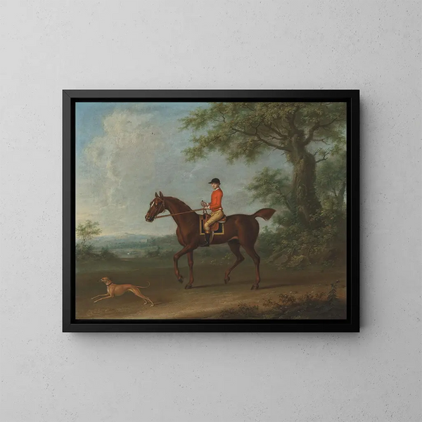 Sedbury with a jockey and a greyhound in a vast wooded landscape with two country houses in the distance - James Seymour — framed artwork on a wall
