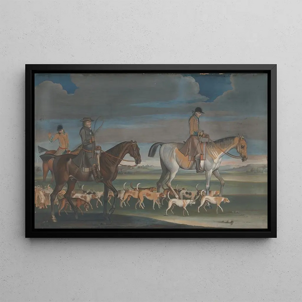 Partir pour la chasse, le chasseur menant une meute de harriers suivi du maître et du piqueur - James Seymour — framed artwork on a wall
