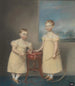 two children wearing yellow dresses, the older holding a rolling hoop and a stick, and the younger holding a spinning top and a whip - James Sharples — artwork view