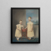 two children wearing yellow dresses, the older holding a rolling hoop and a stick, and the younger holding a spinning top and a whip - James Sharples — framed artwork on a wall