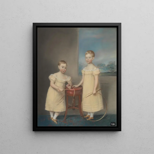two children wearing yellow dresses, the older holding a rolling hoop and a stick, and the younger holding a spinning top and a whip - James Sharples — framed artwork on a wall
