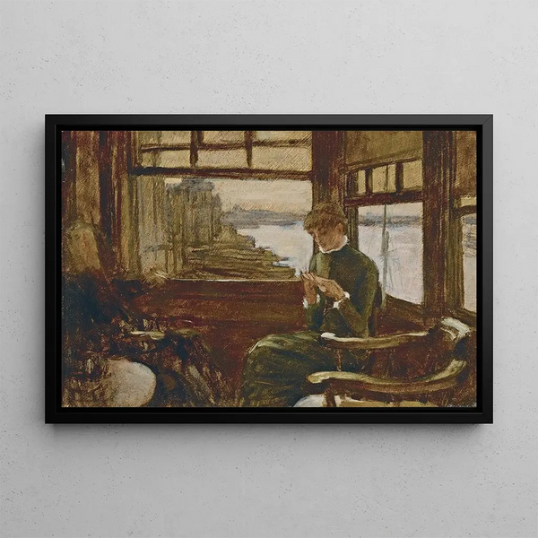 Kathleen Newton painting in a tavern by the Thames - James Tissot — framed artwork on a wall