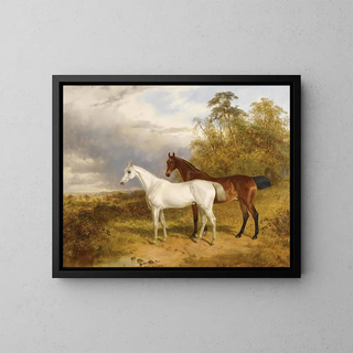 a painting Un cheval bai et un cheval gris dans un paysage - James Walsham Baldock — framed artwork on a wall