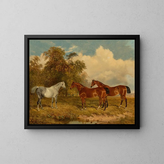 Two Chestnut and One Dapple Gray Horses in a Field with Trees on the Left - James Walsham Baldock — framed artwork on a wall