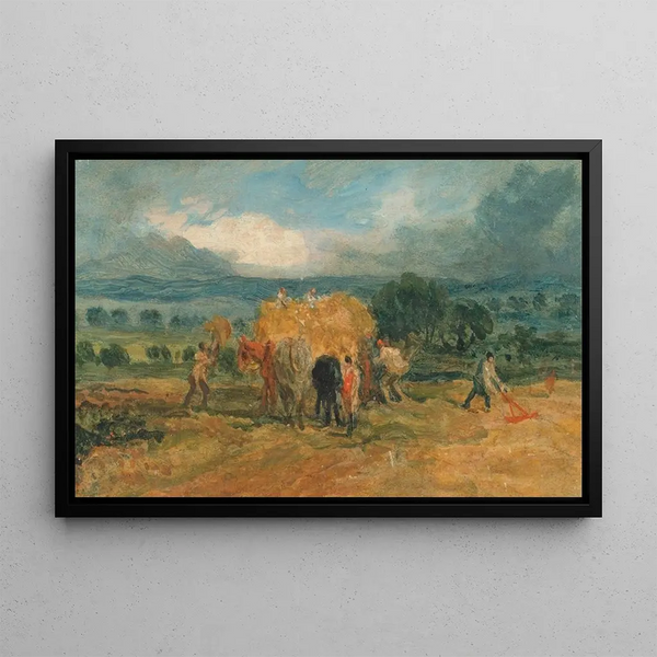 Harvest scene with workers loading hay onto a cart - James Ward — framed artwork on a wall