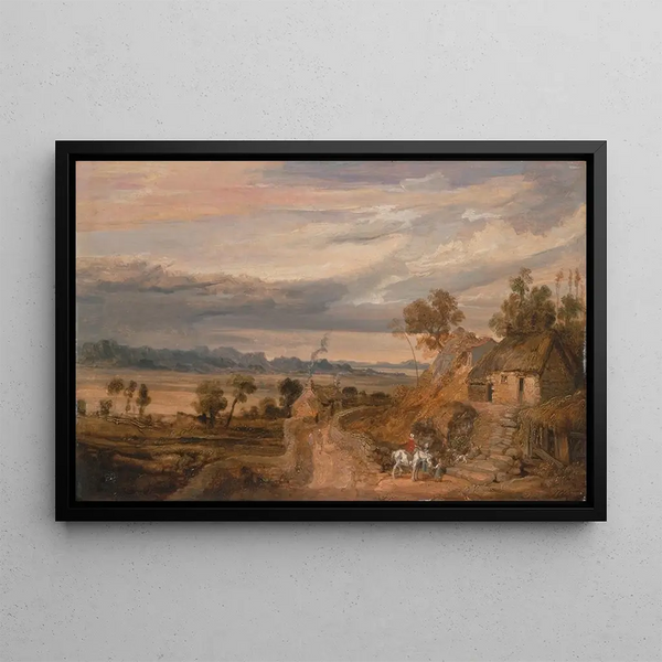 Landscape painting with thatched cottages - James Ward — framed artwork on a wall