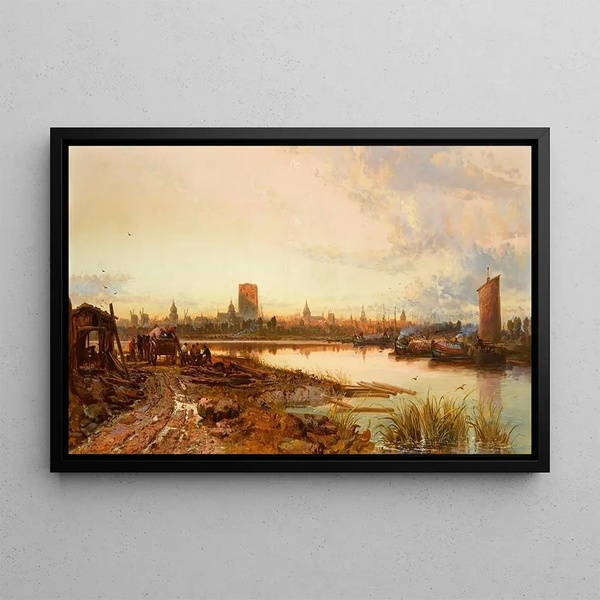 View of Dordrecht with Grote Kerk - James Webb — framed artwork on a wall