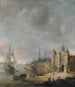 a harbor scene with a warship and other ship characters discussing on the shore - Jan Abrahamsz Beerstraaten — artwork view