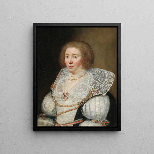 Portrait of Cornelia Grijp of the Grijp family coat of arms woven into her collar - Jan Anthonisz van Ravesteyn — framed artwork on a wall