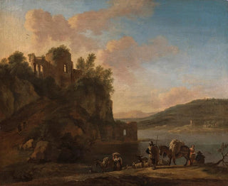 an Italian landscape with shepherds on a path with their flock and donkeys - Jan Asselijn — artwork view