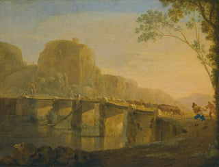 Landscape painting with shepherds and their flock crossing the Ponte Acquoria near Tivoli - Jan Asselijn — artwork view