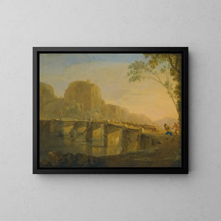 Landscape painting with shepherds and their flock crossing the Ponte Acquoria near Tivoli - Jan Asselijn — framed artwork on a wall