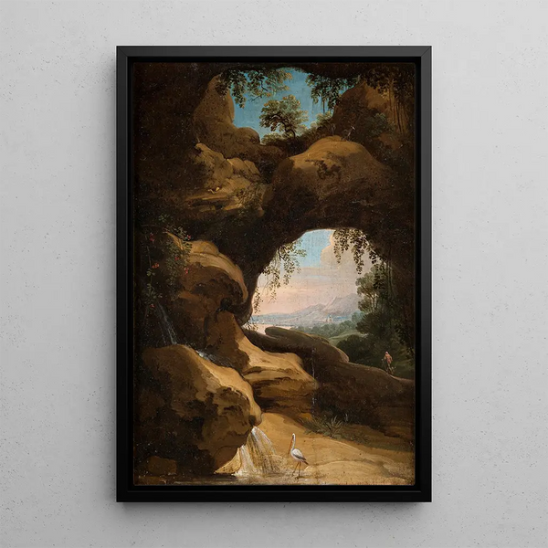 Landscape with View through the Cave - Jan Asselijn — framed artwork on a wall