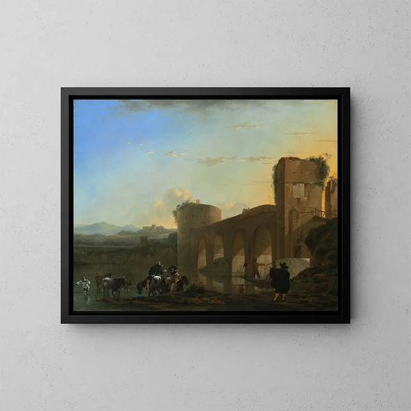 The Tiber River with the Milvian Bridge at sunset - Jan Asselijn — framed artwork on a wall