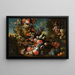a stone urn on decorated steps with flowers and fruits next to a dolphin-shaped fountain in a vast landscape - Jan Baptist Bosschaert — framed artwork on a wall