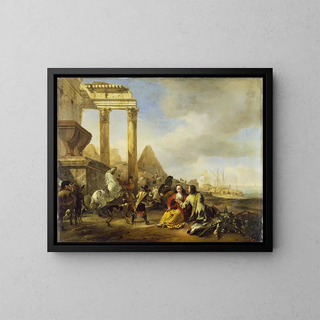 a coastal scene with classical ruins - Jan Baptist Weenix — framed artwork on a wall
