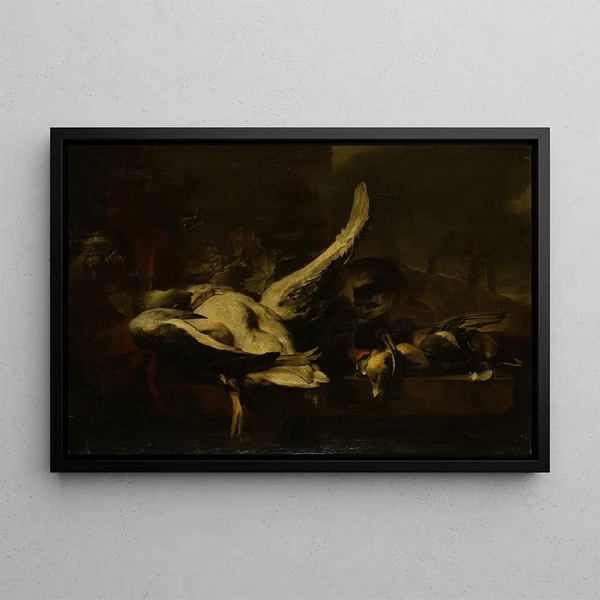 Dead poultry devoured by a cat - Jan Baptist Weenix — framed artwork on a wall