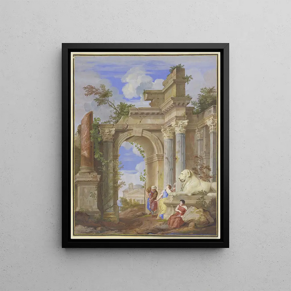 In the ruins of Roman architecture, the three Fates erect a marble lion - Jan Baptist Weenix — framed artwork on a wall