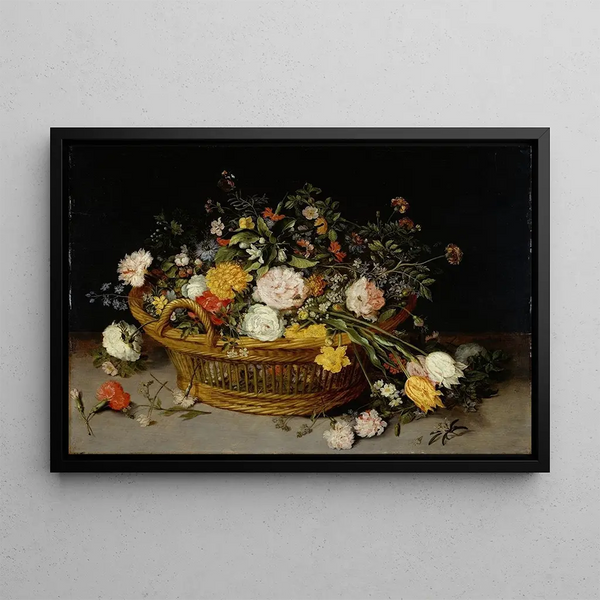 A basket of flowers - Jan Brueghel the Younger — framed artwork on a wall