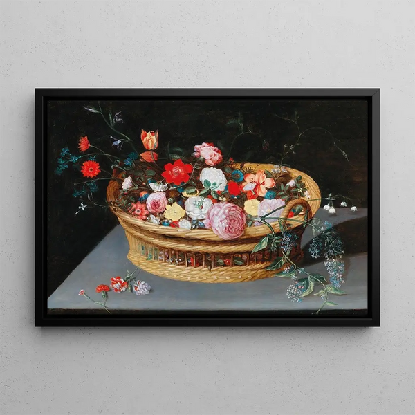 a basket with spring flowers on a stone table - Jan Brueghel the Younger — framed artwork on a wall