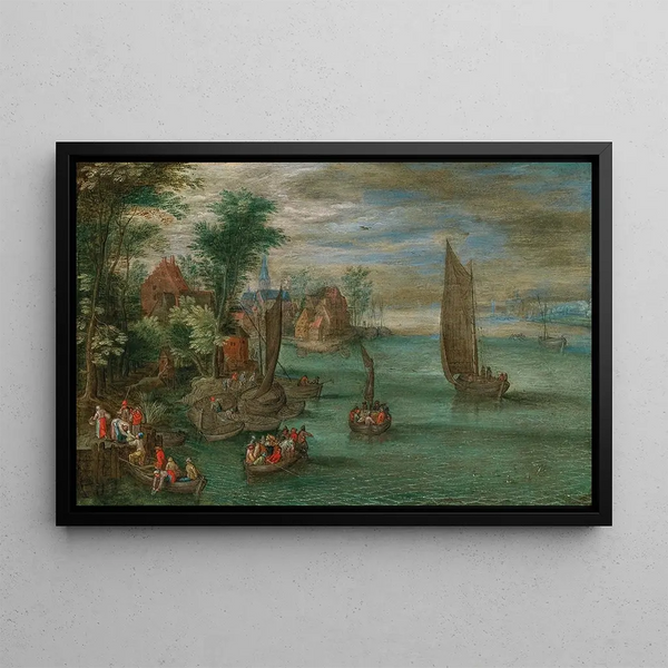 a river landscape with ferries and sailboats - Jan Brueghel the Younger — framed artwork on a wall