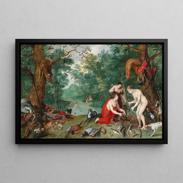 Diane et ses nymphs fishing - Jan Brueghel the Younger — framed artwork on a wall