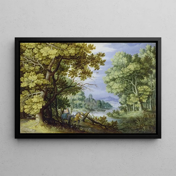 Landscape painting with the Flight into Egypt - Jan Brueghel the Younger — framed artwork on a wall