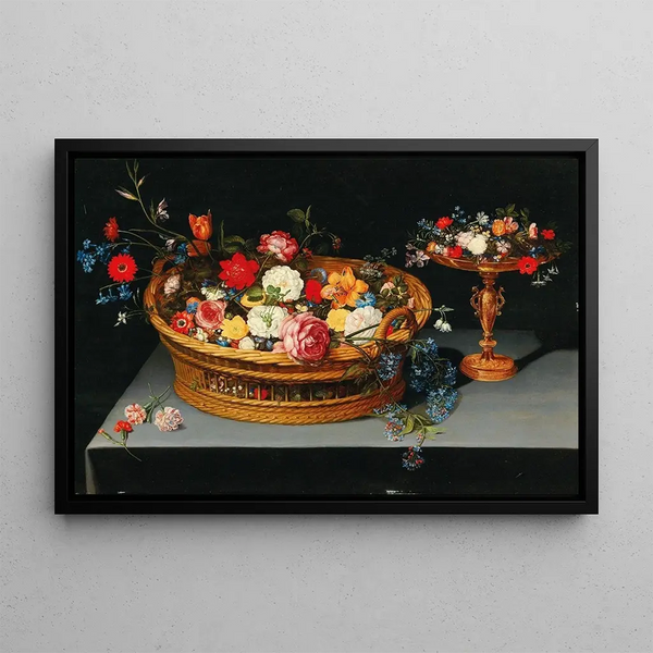 Mixed Flowers in a Basket with a Cup Nearby - Jan Brueghel the Younger — framed artwork on a wall