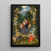 The Holy Family in a Garland of Fruits, Flowers, and Vegetables Held by Angels - Jan Brueghel the Younger — framed artwork on a wall