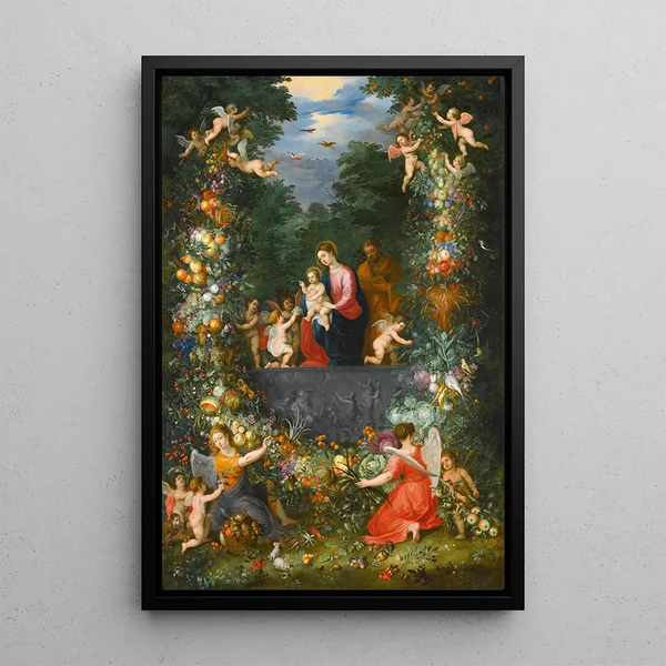 The Holy Family in a Garland of Fruits, Flowers, and Vegetables Held by Angels - Jan Brueghel the Younger — framed artwork on a wall