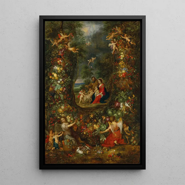 The Holy Family surrounded by a garland of fruits supported by putti - Jan Brueghel the Younger — framed artwork on a wall