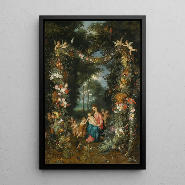 The Virgin and Child with the Little Saint John Baptist surrounded by garlands and festoons of fruits and flowers - Jan Brueghel the Younger — framed artwork on a wall