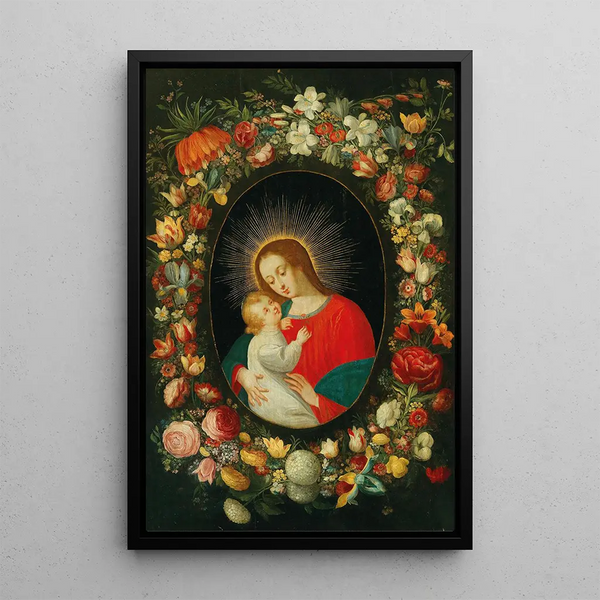 The Virgin and Child in a cartouche surrounded by a garland of flowers - Jan Brueghel the Younger — framed artwork on a wall