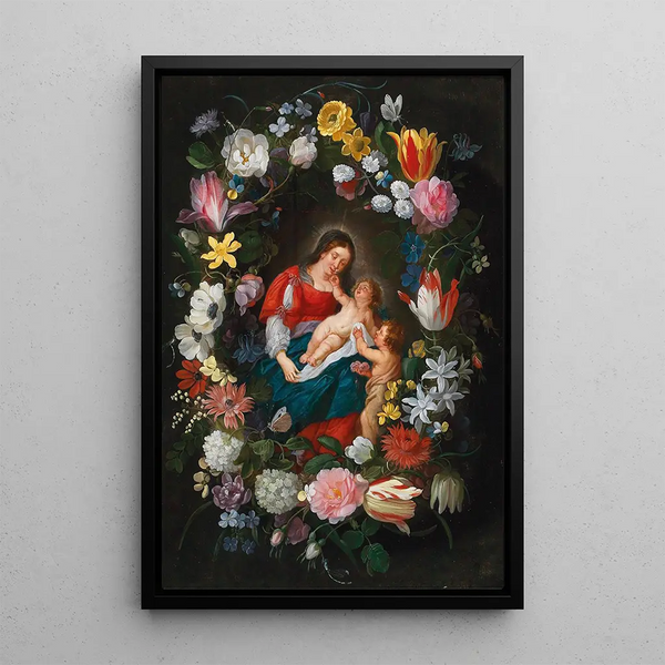 The Virgin and Child with the Little Saint John Baptist surrounded by a garland of flowers - Jan Brueghel the Younger — framed artwork on a wall