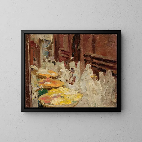 Sacred Cow in Benares, Flowers and Fair of the Journey in India - Jan Cybis — framed artwork on a wall