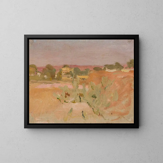 Landscape with pink and cacti - Jan Cybis — framed artwork on a wall