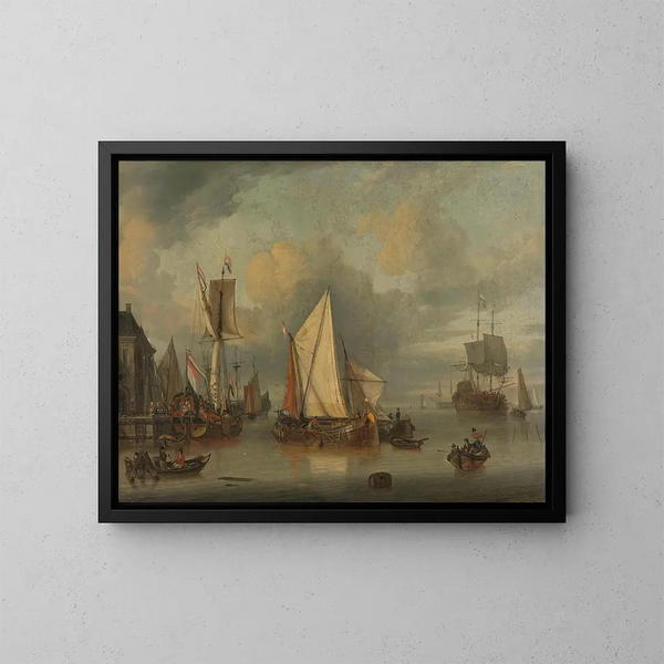 the Calm Ships in the Port by Calm Weather - Jan Claesz Rietschoof — framed artwork on a wall