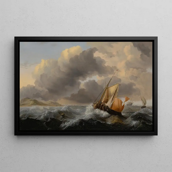Ships in a Stormy Sea with a Dune Coast Beyond - Jan Claesz Rietschoof — framed artwork on a wall