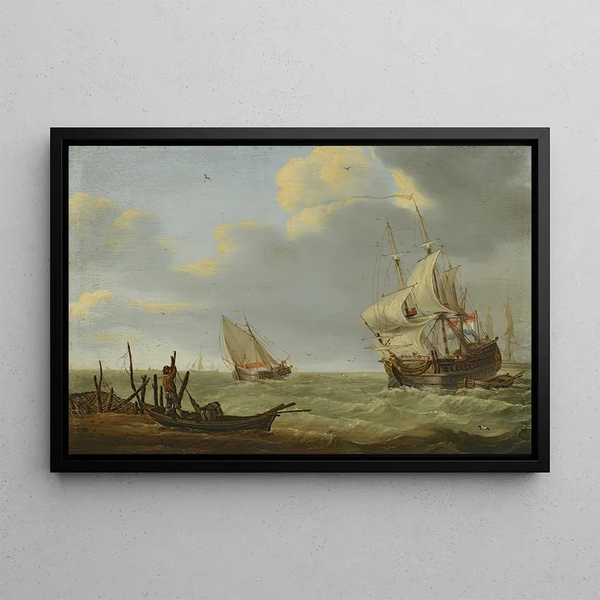 Ships in a Breeze - Jan Claesz Rietschoof — framed artwork on a wall