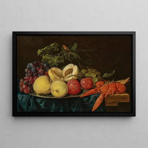 Fruits on a silver tray with lobsters on a partially draped table - Jan Davidsz de Heem — framed artwork on a wall