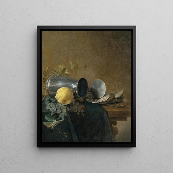 Nature morte d'une chope en étain, huîtres au citron et raisins - Jan Davidsz de Heem — framed artwork on a wall