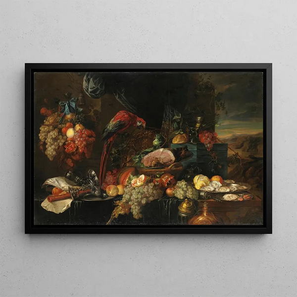 Nature morte with fruits, oysters, and parrot - Jan Davidsz de Heem — framed artwork on a wall