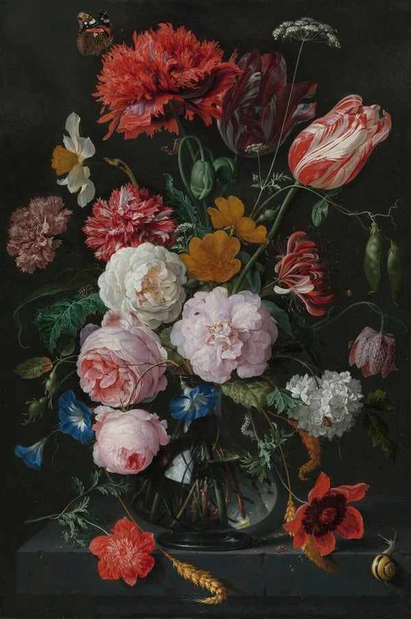 Still life with flowers in a glass vase - Jan Davidsz de Heem — framed artwork on a wall