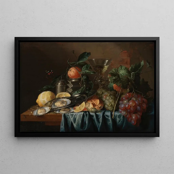 Still life with oysters and grapes - Jan Davidsz de Heem — framed artwork on a wall