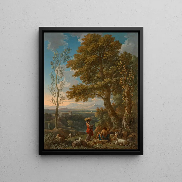 A classic Italian landscape with a goatherd and his flock of mountains beyond - Jan Frans van Bloemen — framed artwork on a wall
