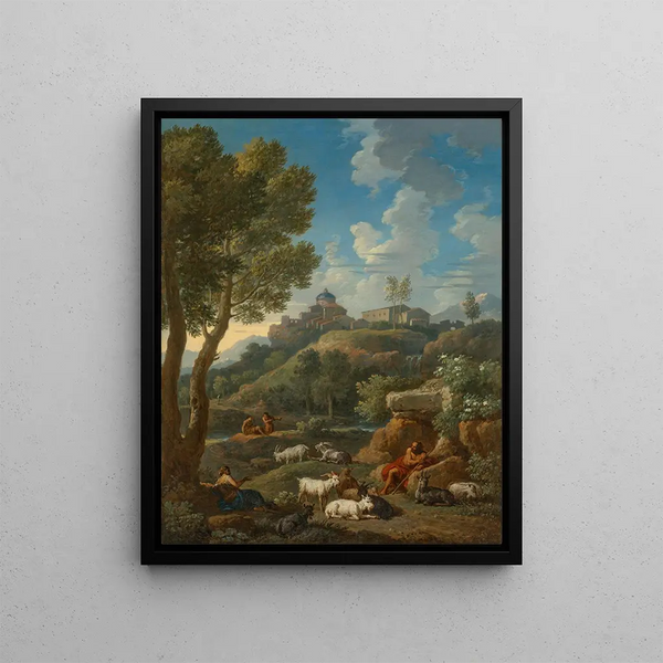 a classic Italian landscape with a shepherd and his flock, other characters, and a city on top of a hill beyond - Jan Frans van Bloemen — framed artwork on a wall