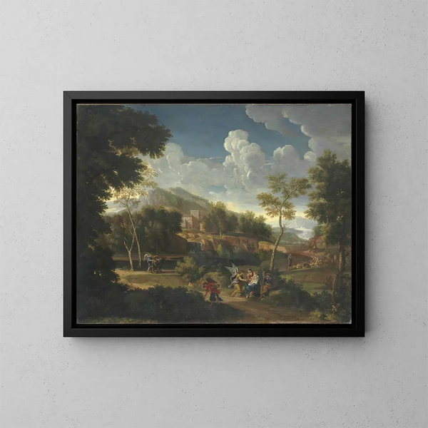a vast landscape with the resting during the flight into Egypt - Jan Frans van Bloemen — framed artwork on a wall