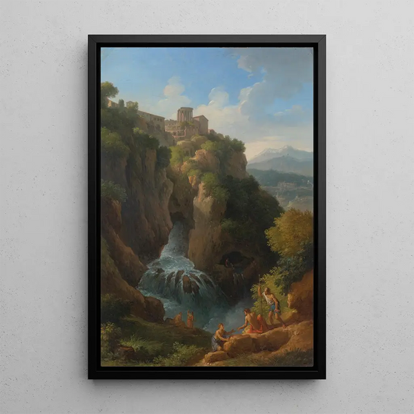 Les chutes de Tivoli with the Temple of the Sibyl and figures resting in the foreground - Jan Frans van Bloemen — framed artwork on a wall