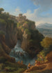 Les chutes de Tivoli with the Temple of the Sibyl and figures resting in the foreground - Jan Frans van Bloemen — artwork view