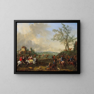 Elegant Cavaliers in a Hunting Scene with Falcons - Jan Frans van Bredael — framed artwork on a wall